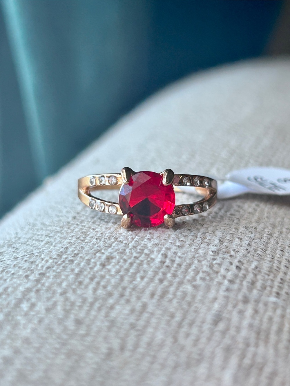 Gold Ring with Red Center Stone and Accent Crystals - size 8
